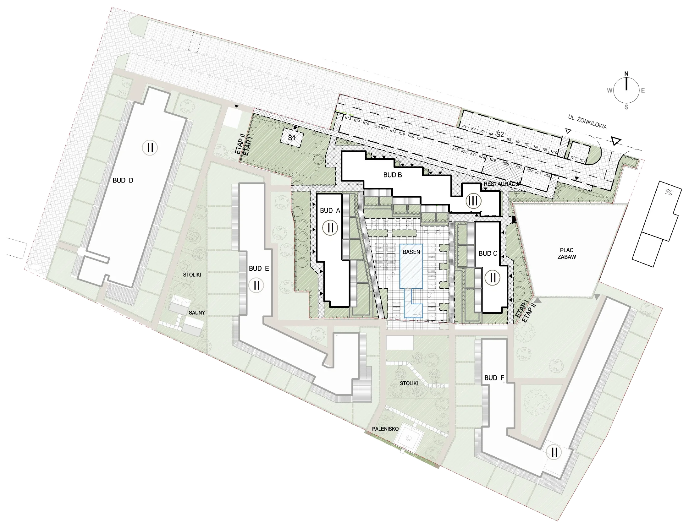 Plan zagospodarowania terenu SO!RESORT – budynki A, B, C wokół patio z basenem